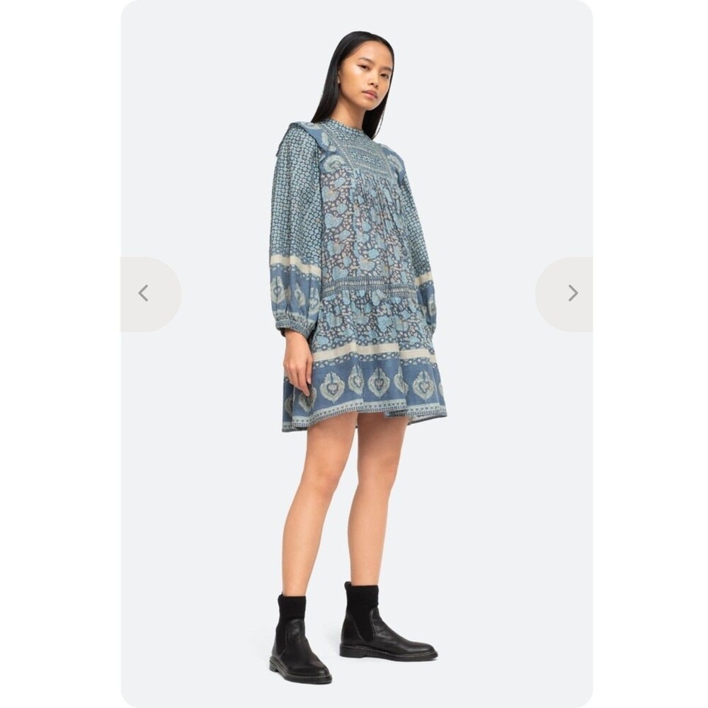 NEW Sea New York MARGO Ocean Blue Multi Pattern Long Sleeve Dress LARGE Boho